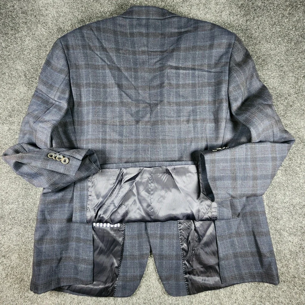 Austin Reed Sport Coat Mens 50R Blue Plaid Windowpane Wool Two Button Blazer EUC